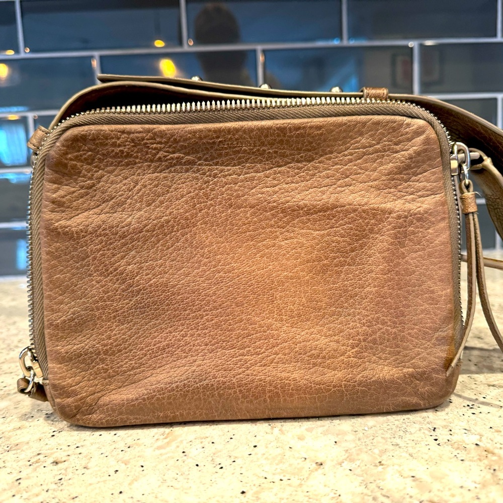 Allsaints Vincent crossbody bag in distressed thick taupe brown leather